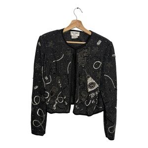 Vintage Brilliante Beaded Jacket XL Black Champagne Bottle Sparkle Party Glam